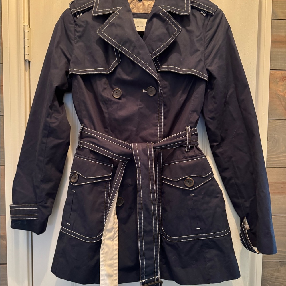 Banana Republic Dark Blue Trench Coat with White Stitching